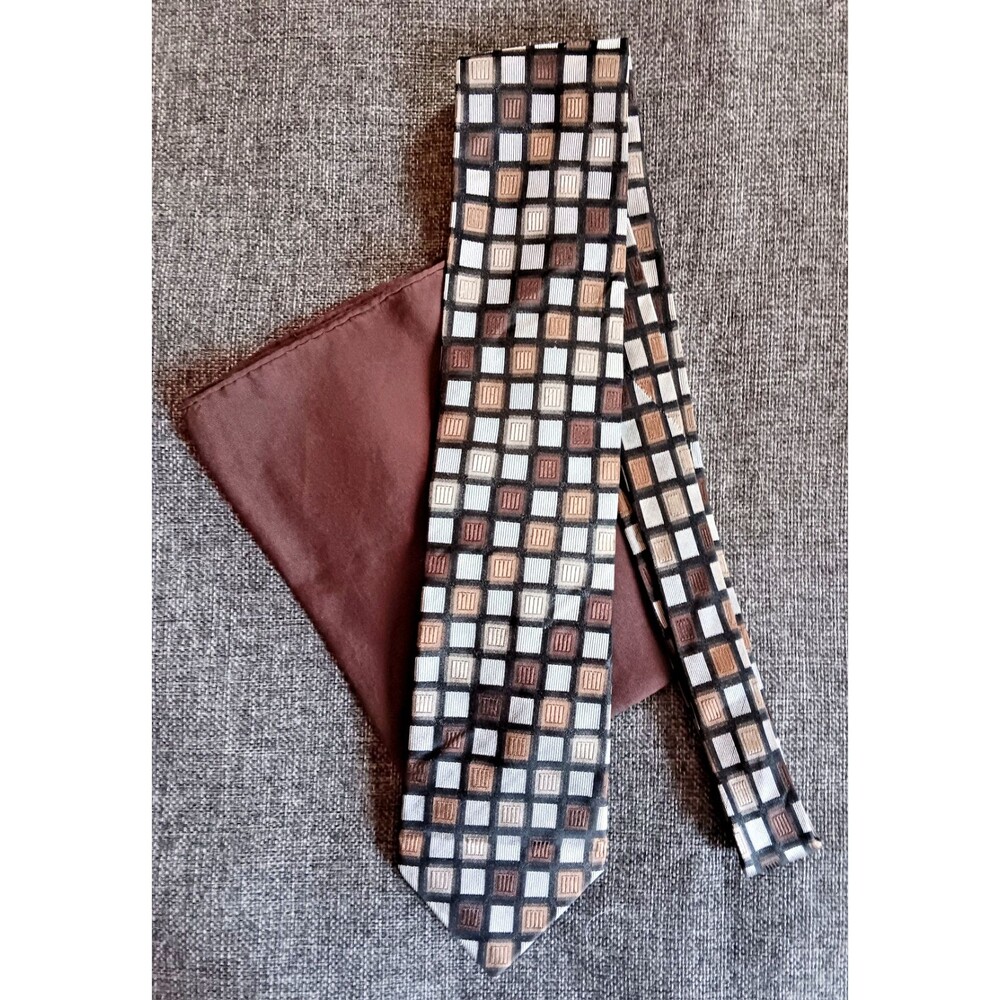 Dress Tie 70s 80s 90s Y2K Mens Peacock Silk brown pocket square 3.5 Wide 59 Long